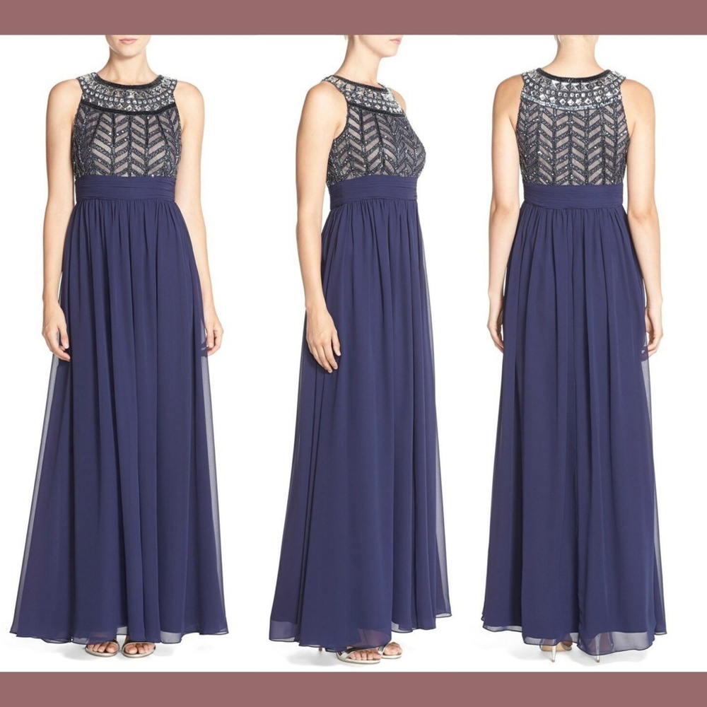 NWT JS Collections Embellished Chiffon Gown Navy Blue [SZ‎ 6 ]